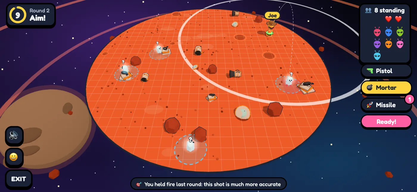 Aim phase with the grid, the range ring and the weapon buttons