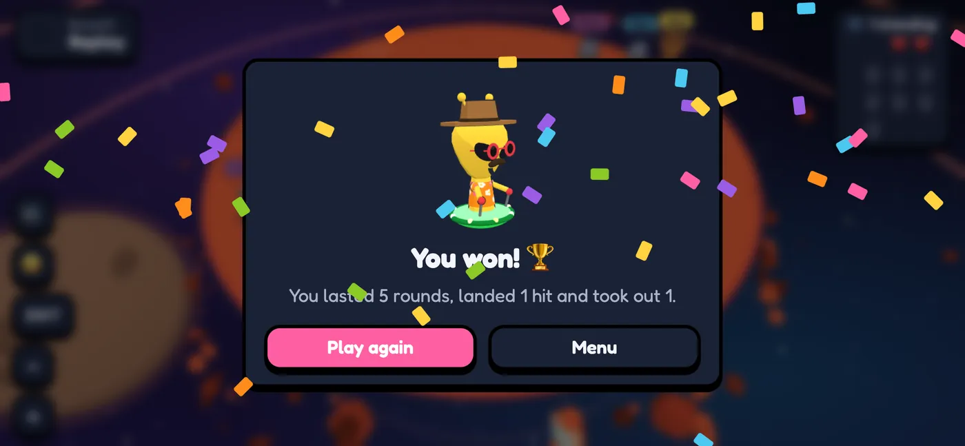 Victory screen with the alien dancing and confetti
