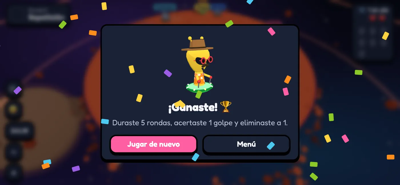Pantalla de victoria con el marcianito bailando y papel picado